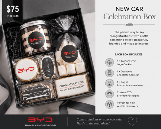 Premium custom branded new car celebration gift box with logo cookies, cake jar and marshmallows by Nosh & Nibble.
